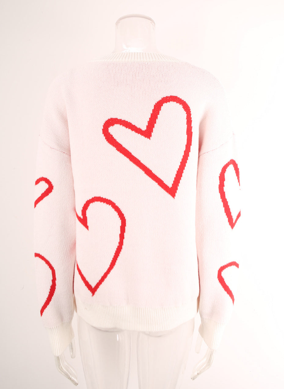 Winter sweater Heart Print Valentine's Day pullover contrast color sweater 11