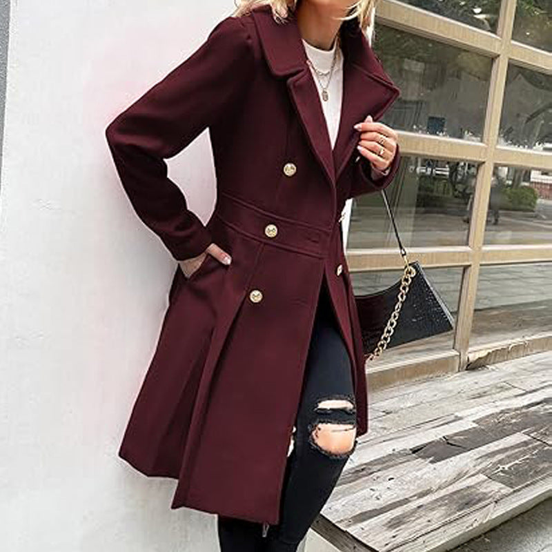 Women Fall and Winter Turndown Collar Double-Breasted Pocket Windbreaker 38