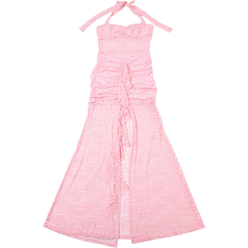 Summer Fashion Chic Elegant Lace Patchwork Halter Neck Slit Long Dress 21
