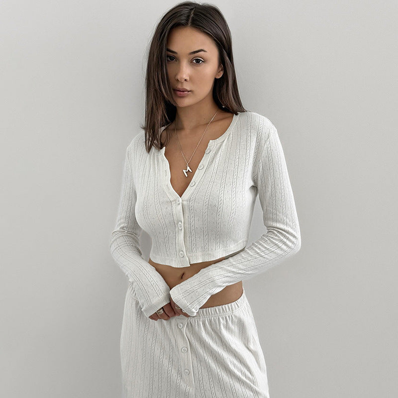 Women Casual two-piece set knitting basic button-down long-sleeved Top elastic trousers two-piece set pajamas and home clothes 4