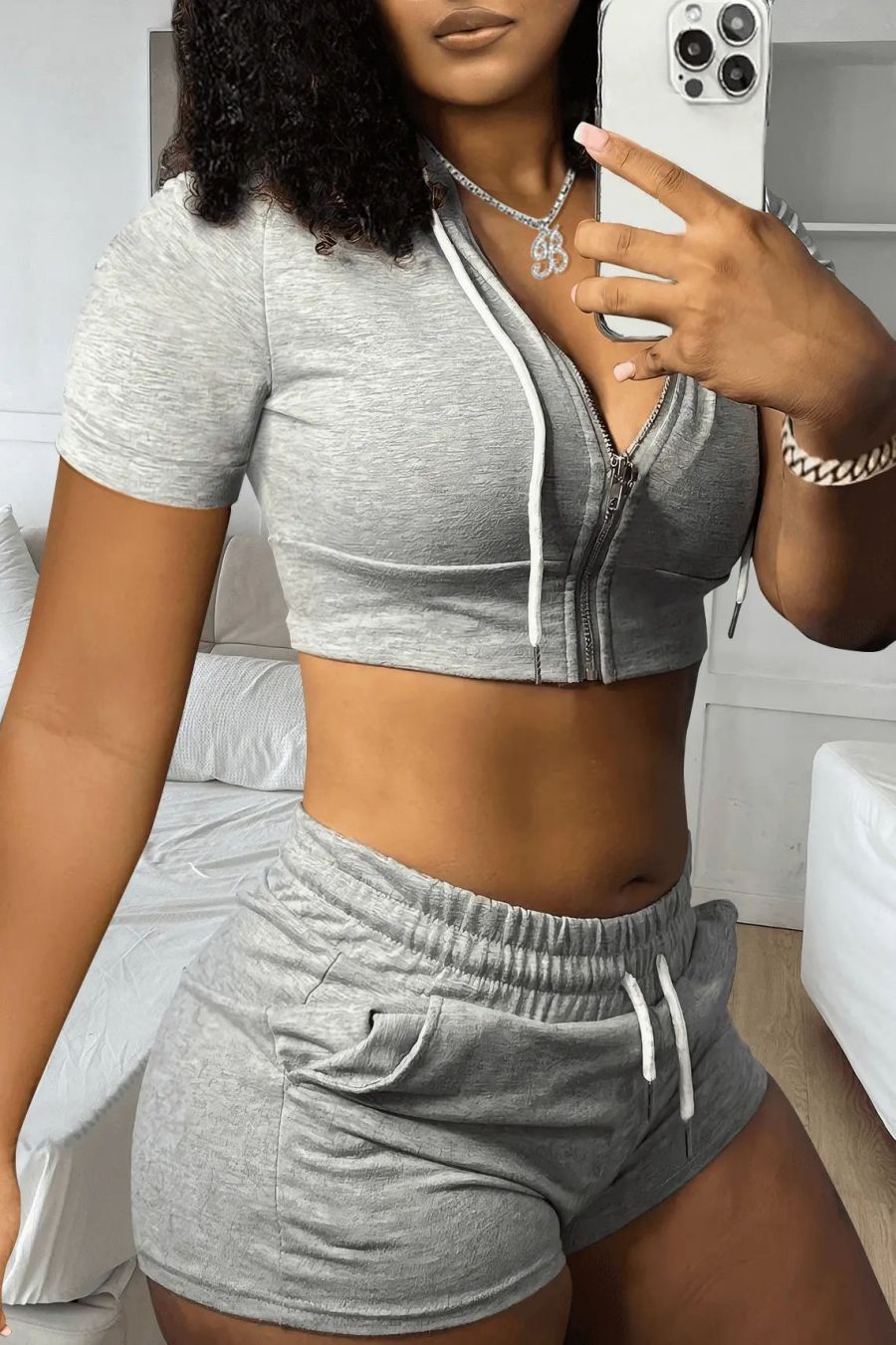 Women's Solid Color Zipper sports hooded Short Sleeve two piece shorts set 3