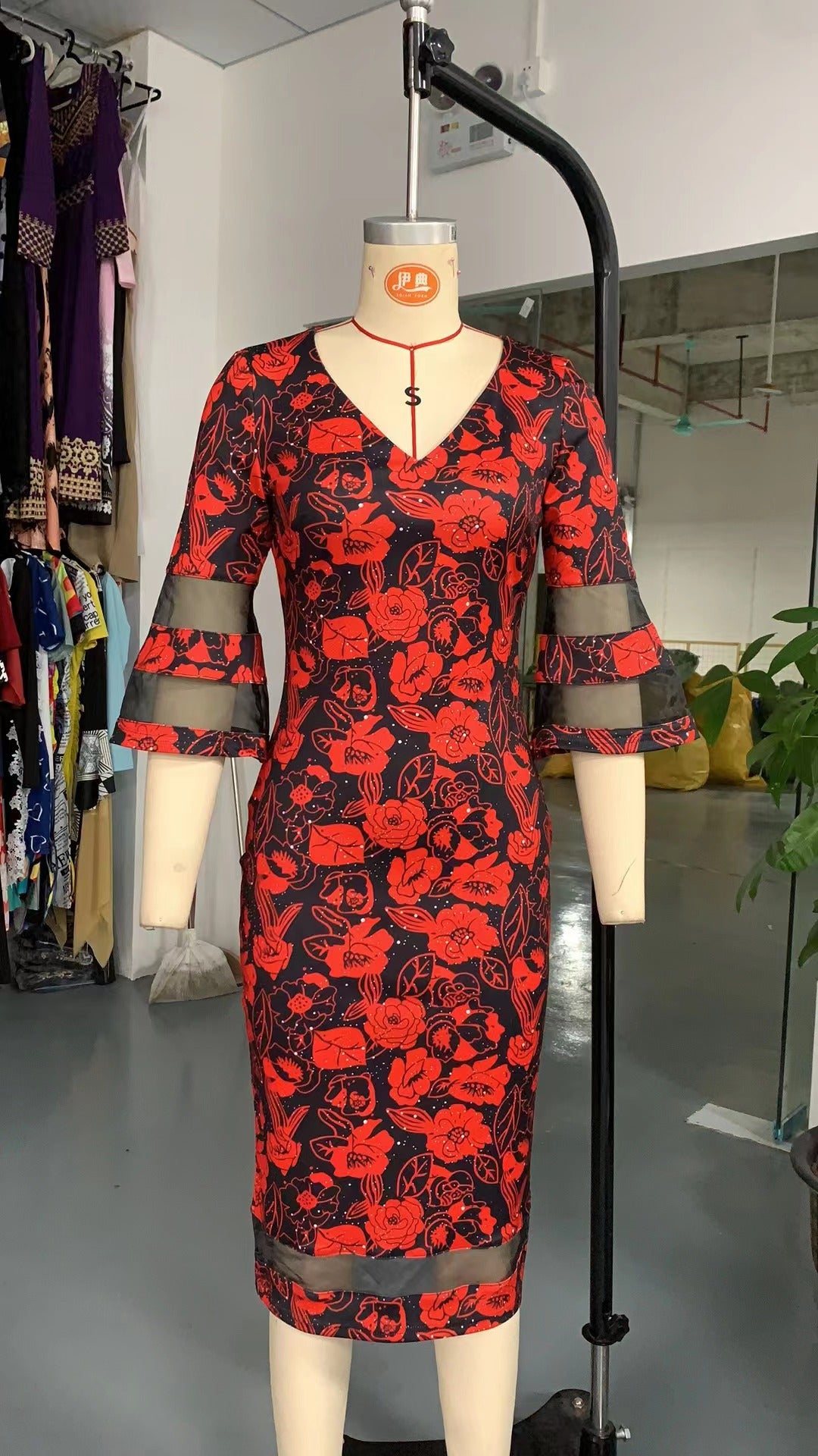 Women Print Bell Bottom Sleeve V-neck Chic Mesh Patchwork Bodycon Dress 12