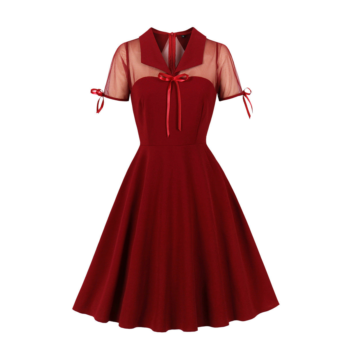 Women's Slim Waist Turndown Collar Bow Short Sleeve Chic Elegant A-Line Dress 3