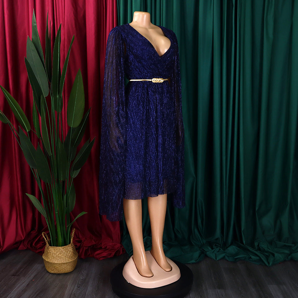 Belted V-Neck Chic Long Sleeve Cape Slim Waist Gown Dress 19