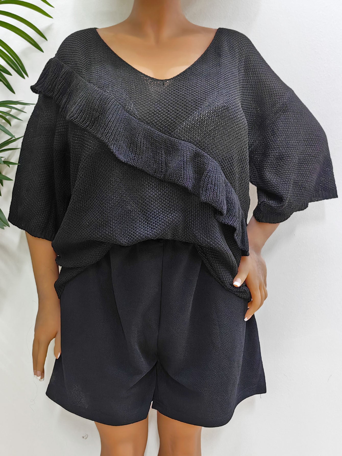 Plus Size Women Quarter Sleeve Top Ruffled Loose Sweater 5