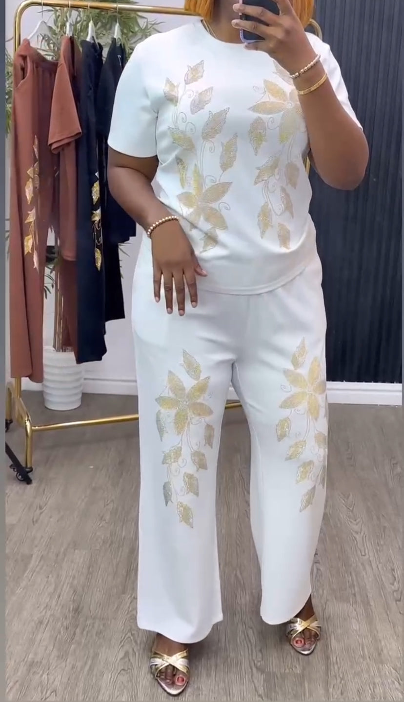 Women Beaded Short Sleeve Top and Pants Two-Piece Set