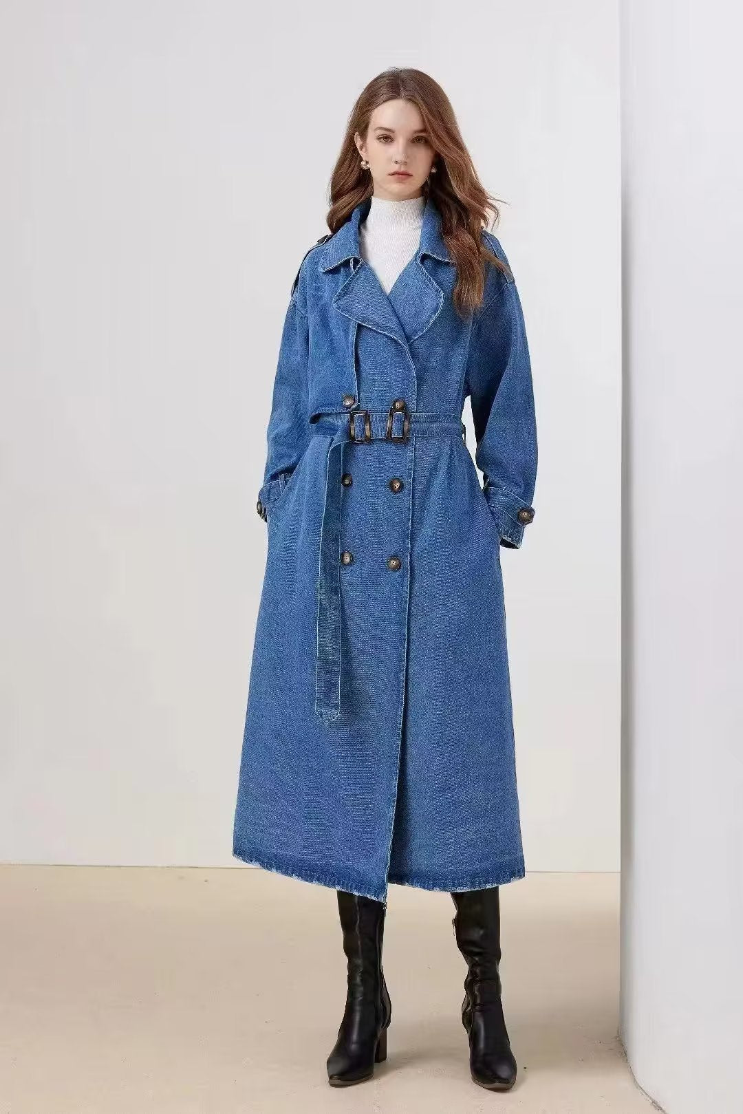 Women Loose Double Breasted Belted Denim Jacket 3