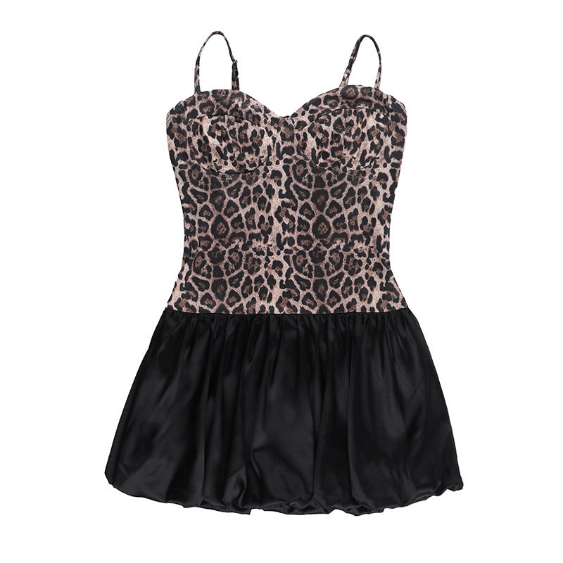 Women's Street Fashion Leopard-Print Patchwork Strap Slim-Waist Bubble Dress 9