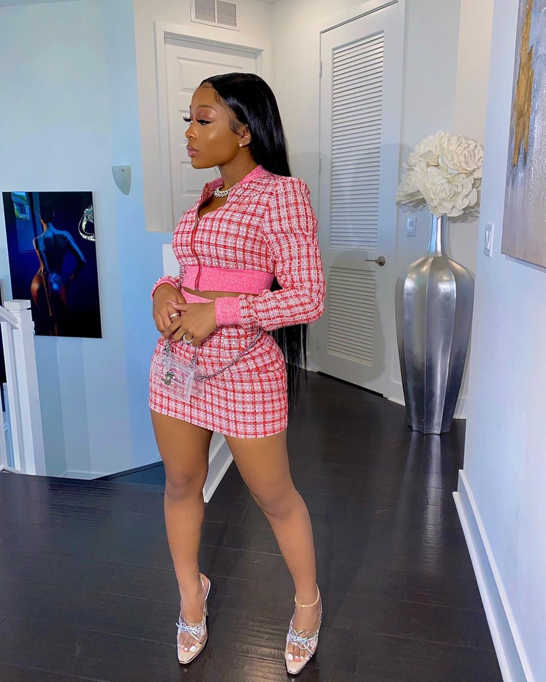 Women Plaid Ribbed Long Sleeve Top and Skirt Two-piece Set 10