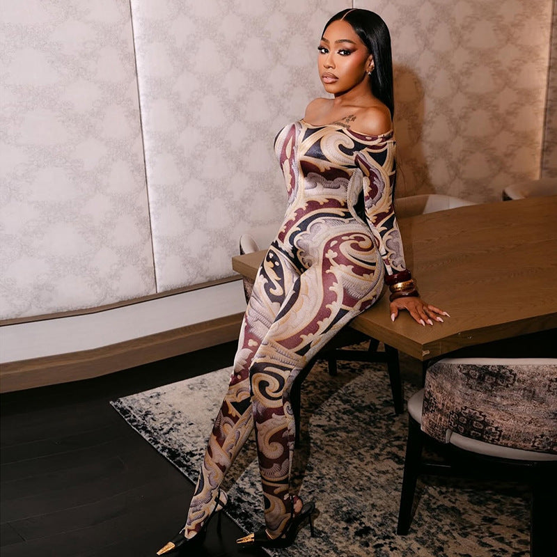 Women summer/fall multi-color print off-shoulder long-sleeved covered jumpsuit 3