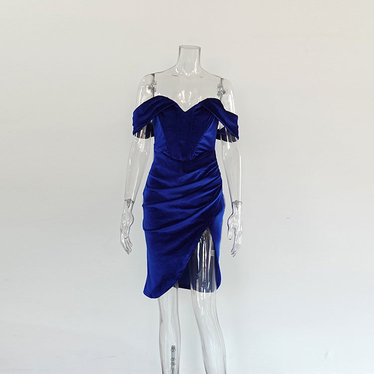 Women Vintage Off Shoulder Velvet Irregular Slit Pleated Dress 6