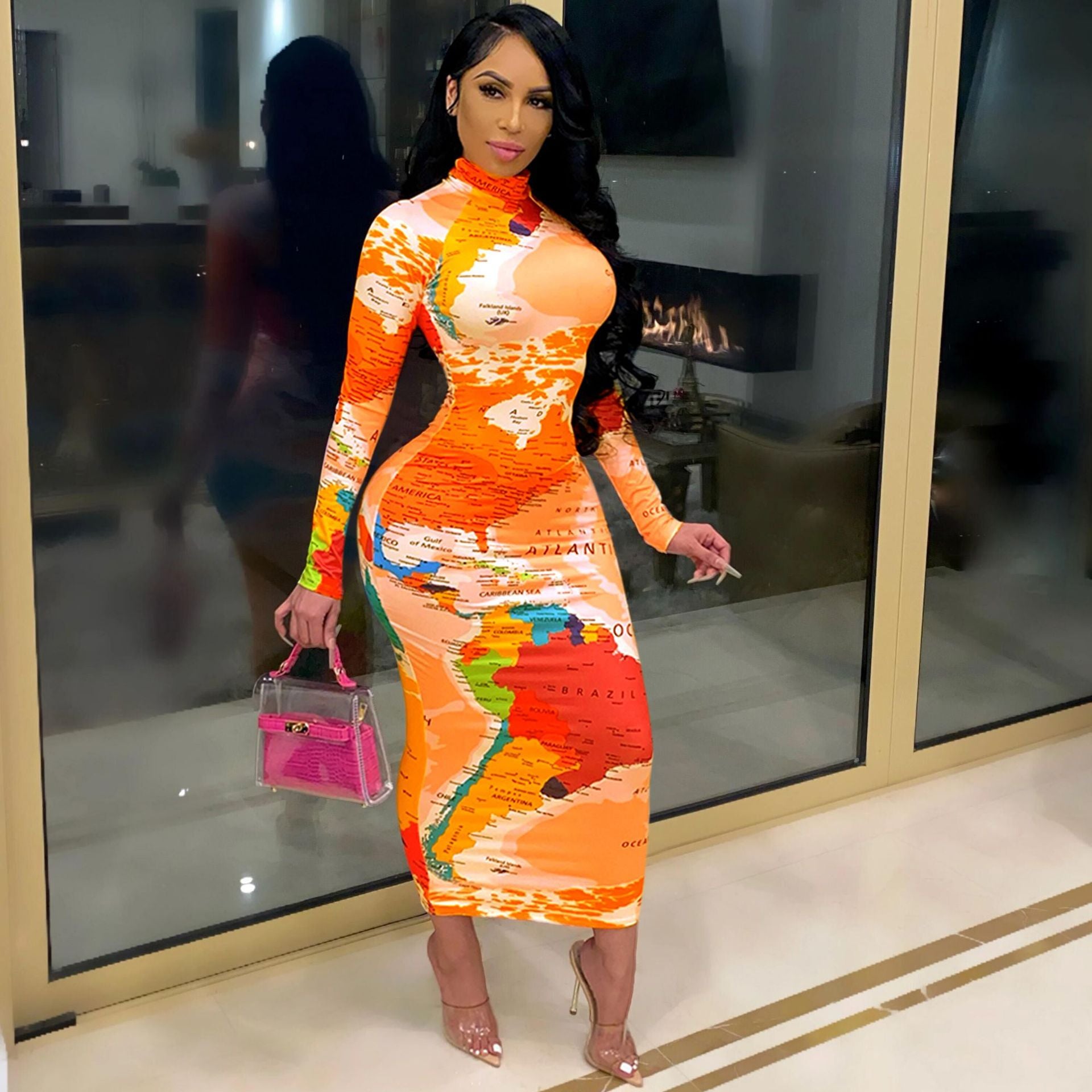 High Neck Long Sleeve Printed Long Dress Fashionable Women's Dress 5