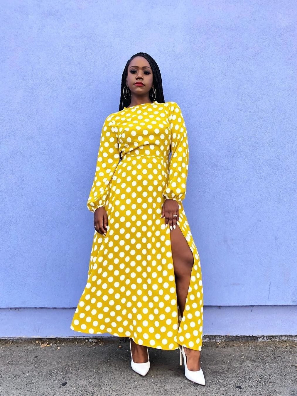 Women's Spring And Winter Round Neck Polka Dot Long Sleeve High Slit Midi Dress 4