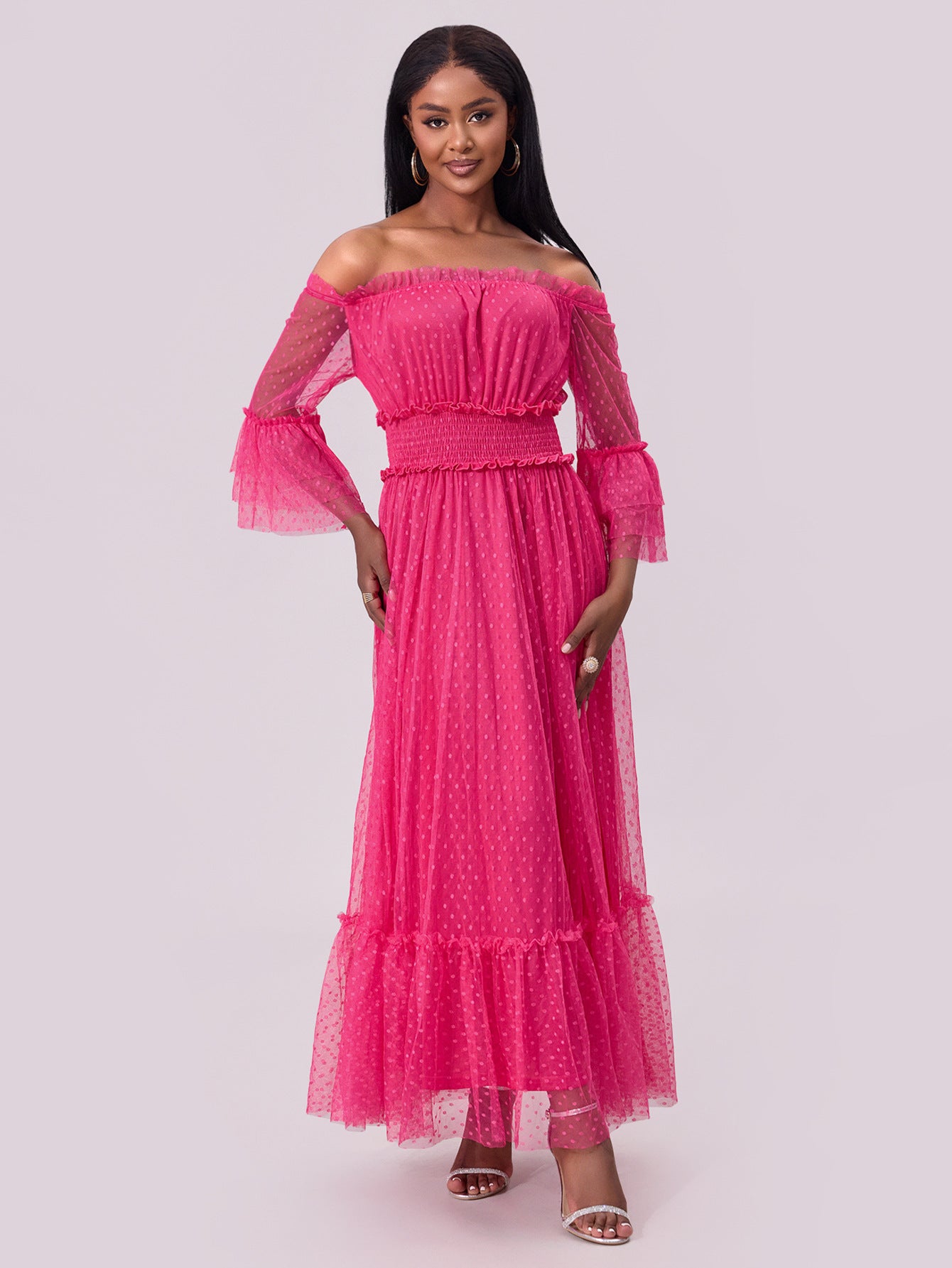 Women's off shoulder mesh long sleeve wedding dress 3