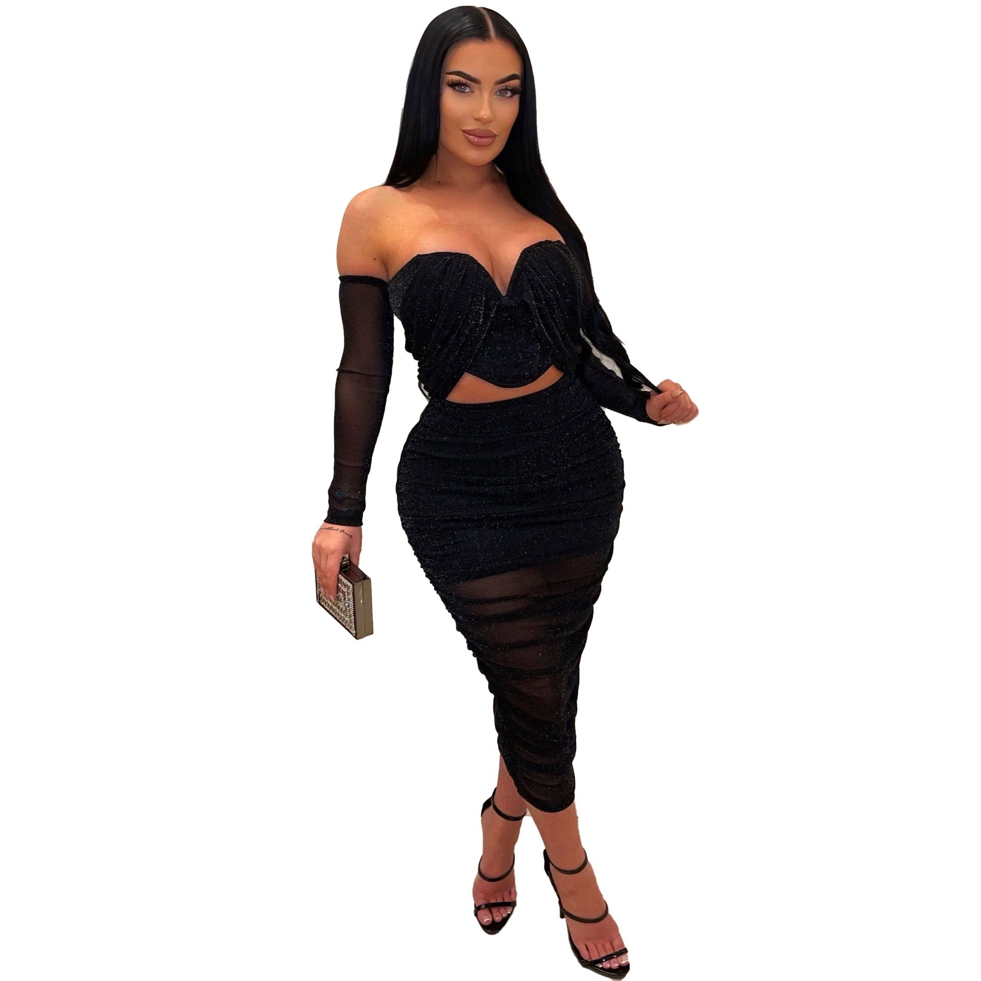 Sexy off shoulder pleated two piece skirt set nightclub wear 7