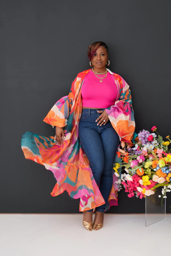 Casual Spring and Autumn Women's Lantern Sleeve Irregular Long Printed Coat 12