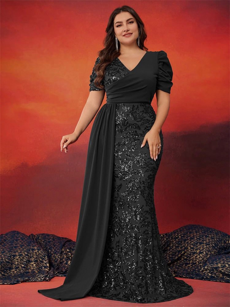Plus Size Women Elegant Sequin Patchwork V Neck Short Sleeve Evening Dress 4
