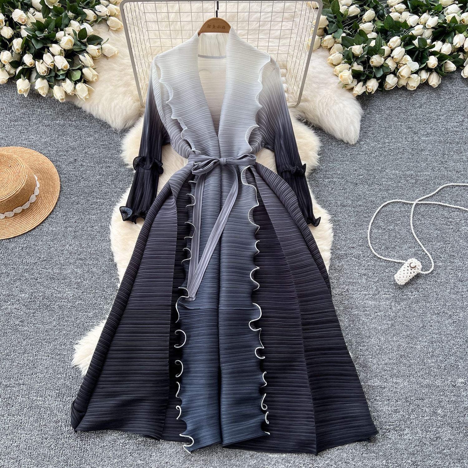 Women Lace-Up Ruffle Edge Pleated Dress 14