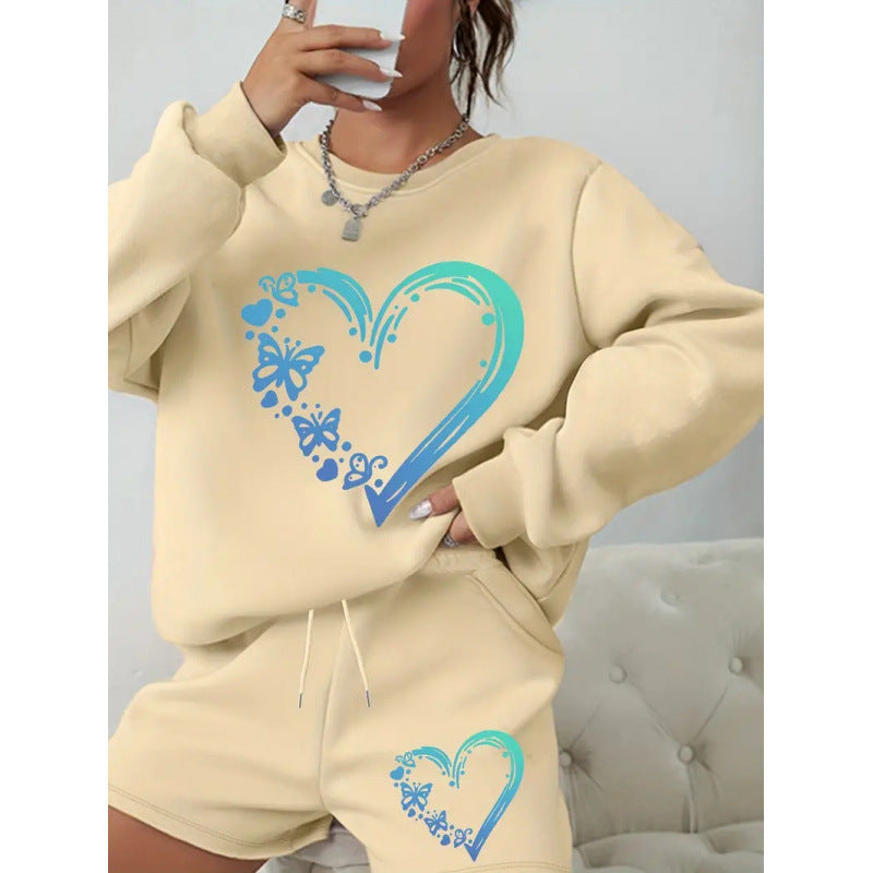 Women Round Neck Long Sleeve Top and Shorts Casual Two-piece Set 10