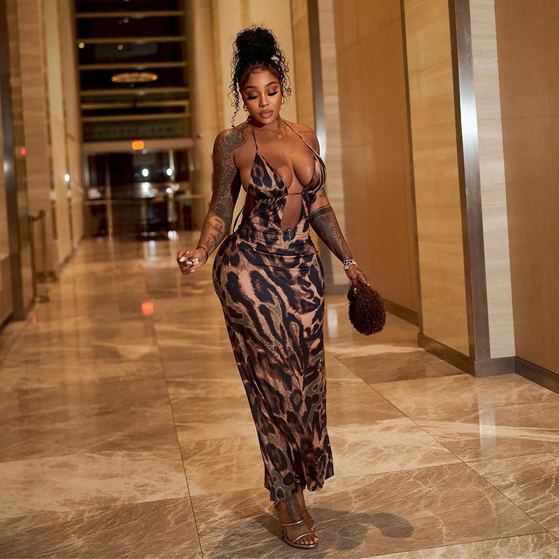Summer Women's Fashion Sexy Halter Neck Lace-Up Low Back Leopard Print Long Dress 3