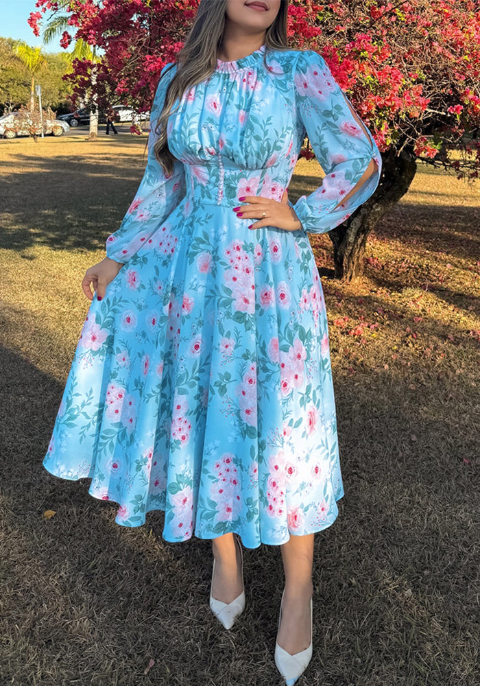 Women light blue floral long sleeve neckline Ruffle Edge dress