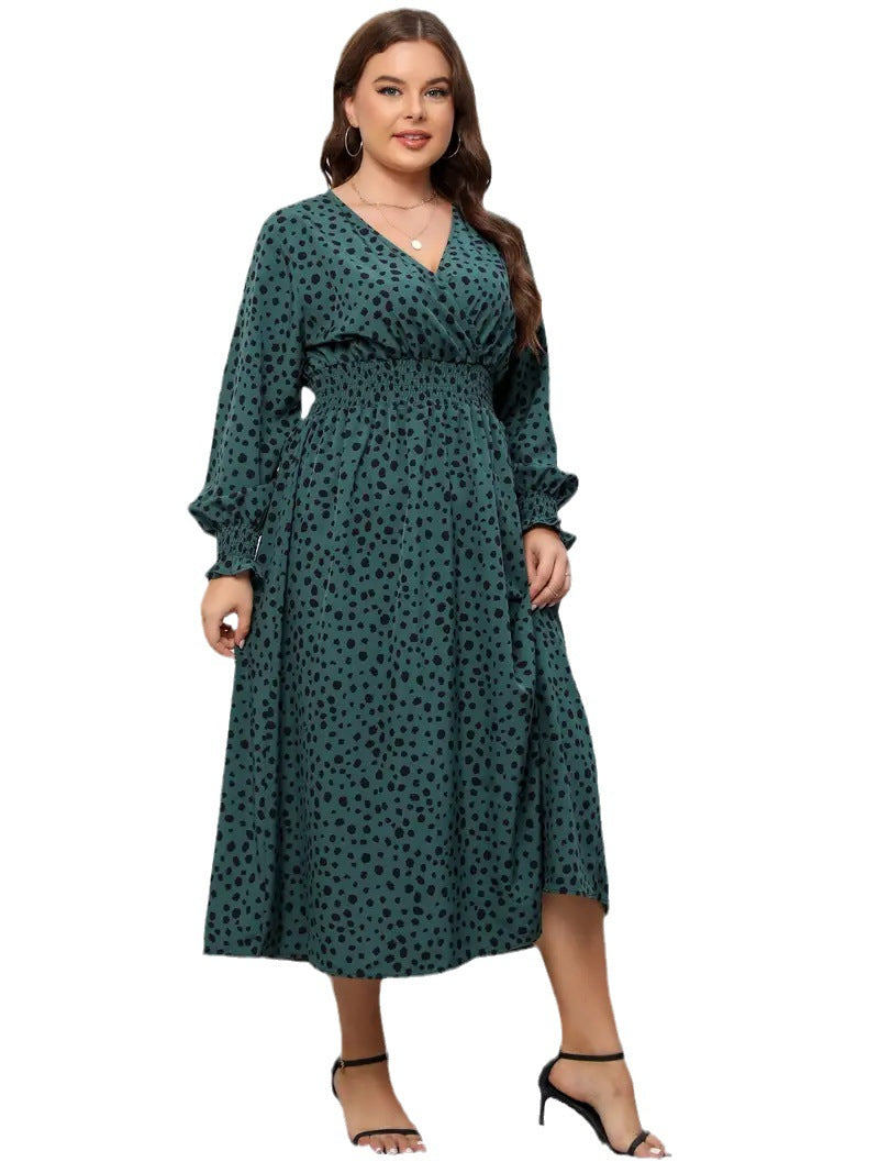 Plus Size Women Autumn V-Neck Printed Dress 7