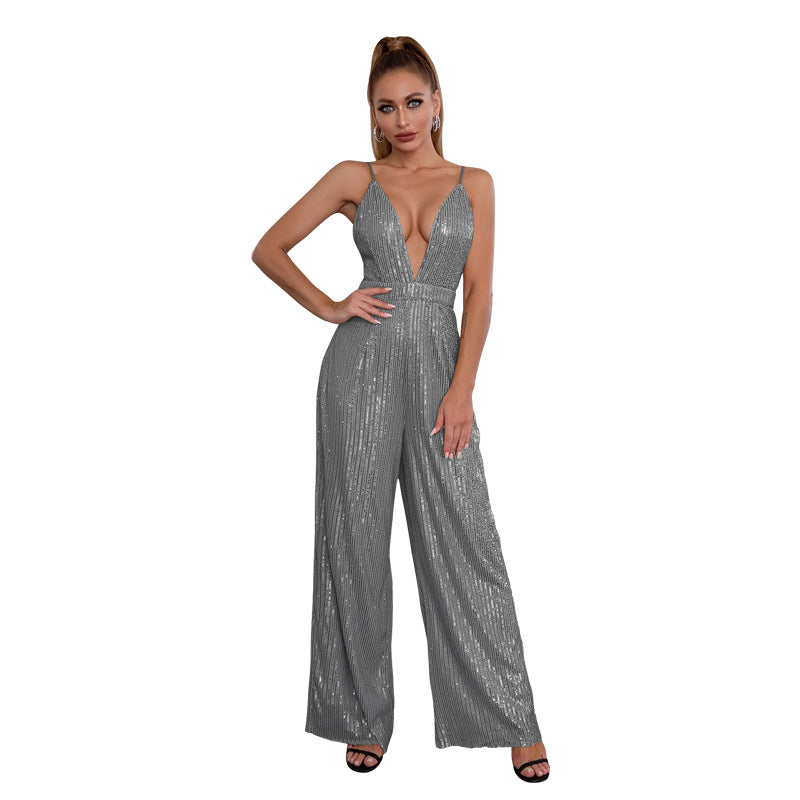 Deep V Neck Low Back Sleeveless Chic Sequined Straps Elegant Women's Party Jumpsuit 29
