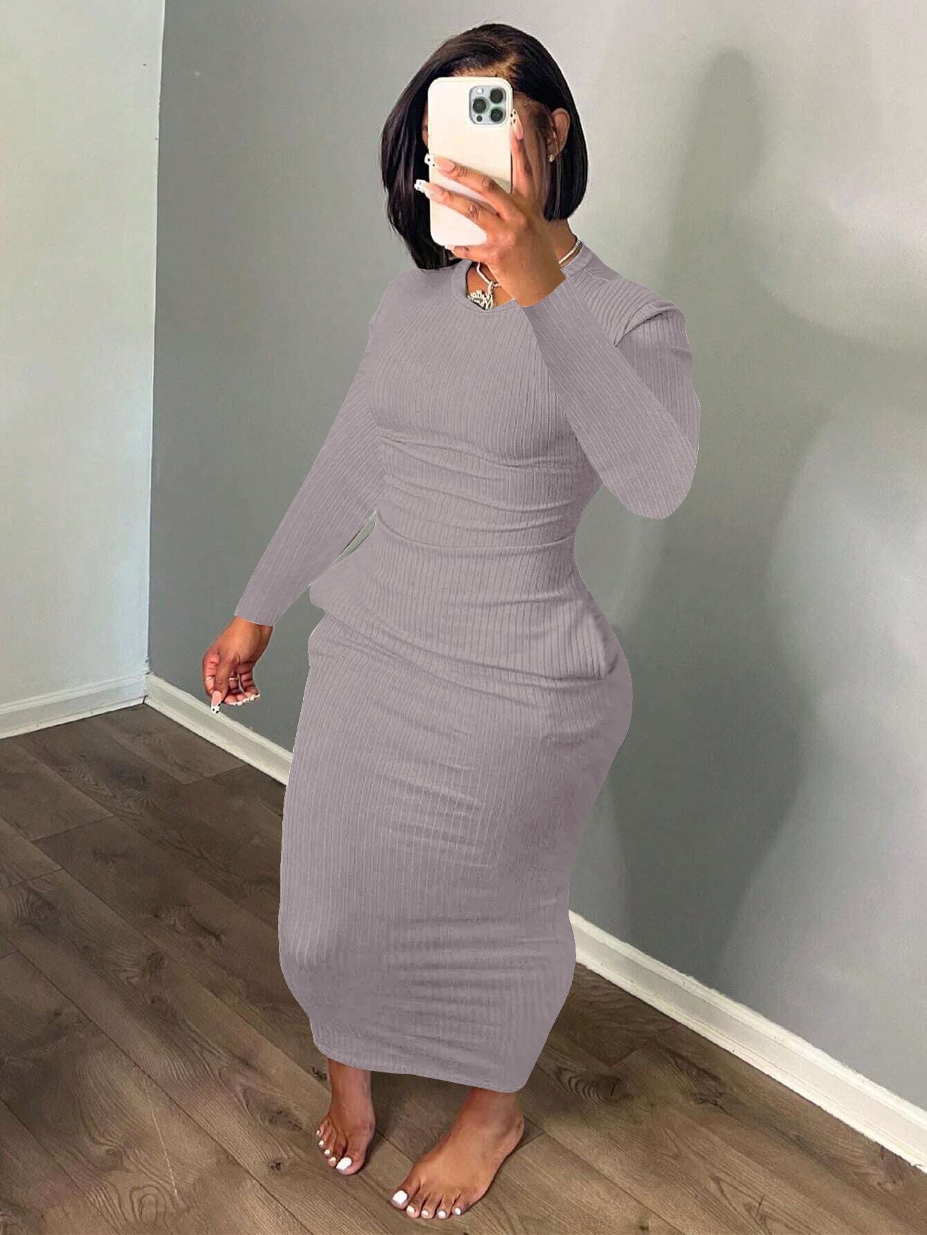 Women knitting Ribbed Solid Round Neck Long Sleeve Bodycon Dress 4