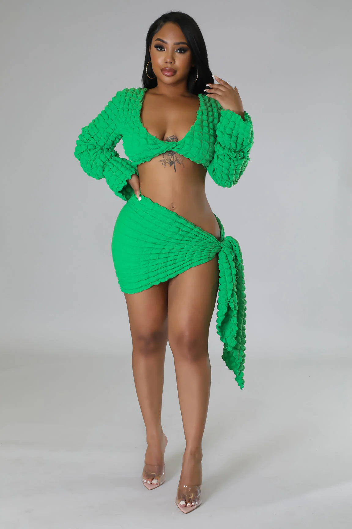 Women's Autumn Sexy V Neck Bubble Top Lace Up Open Waist Skirt Holidays two piece set 4