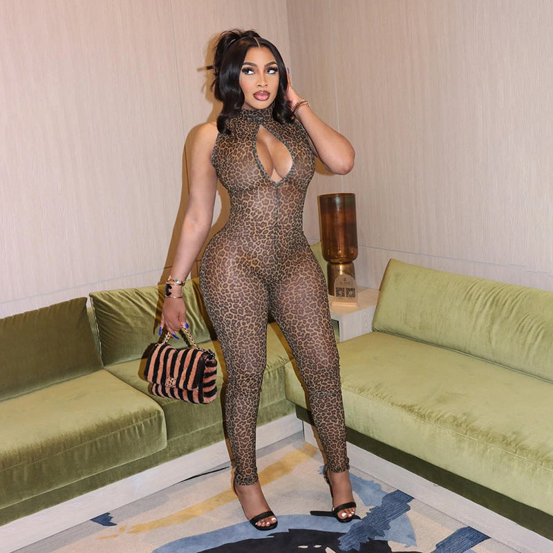 Spring Sexy High Waist Tight Fitting Leopard Print Jumpsuit