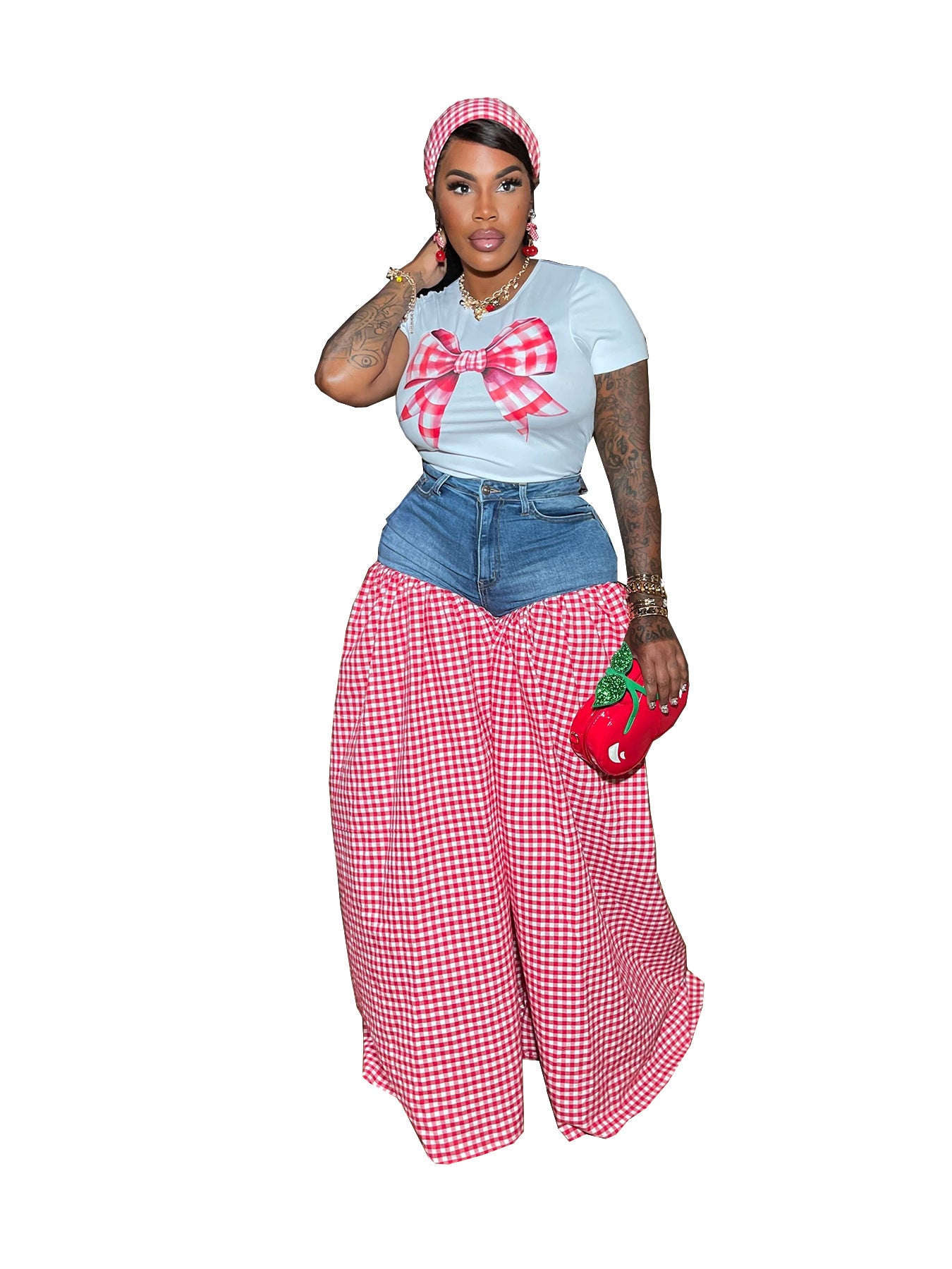 Women Patchwork Plaid Print T-shirt Casual Wide Leg Pants Two-piece Set 10