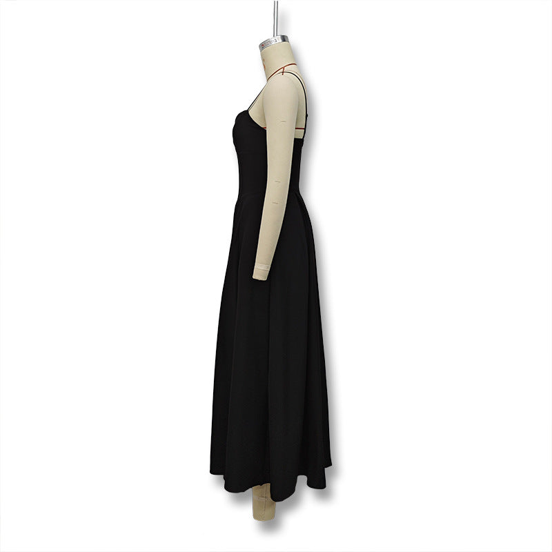 Women's Summer Sexy Black Low Back V-Neck Strap Long Dress 8