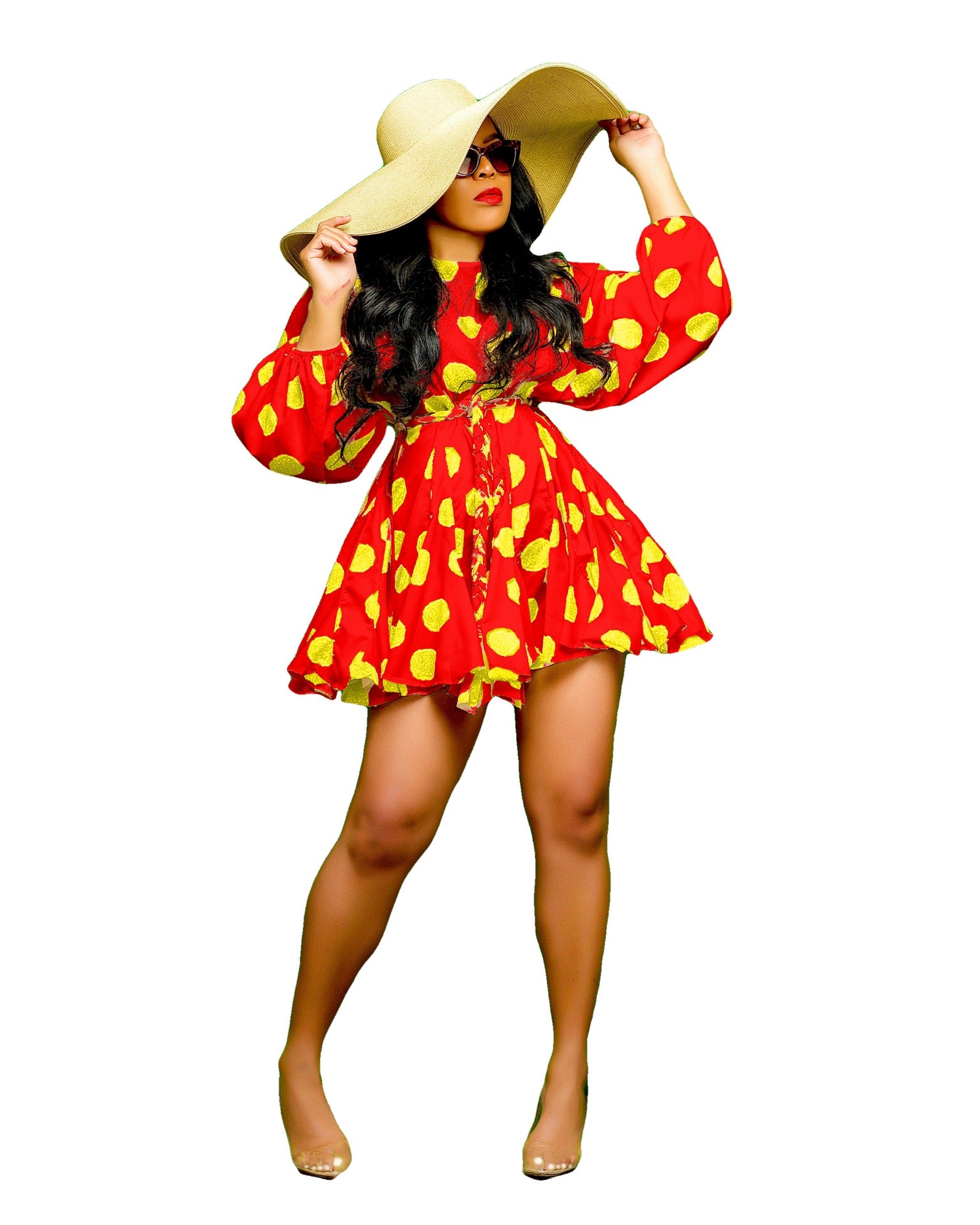 Women's Polka Dot Long Sleeve Lantern Sleeve Short Dress 5