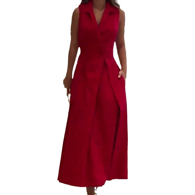 Women Autumn Solid Turndown Collar Pleated Sleeveless Dress 6