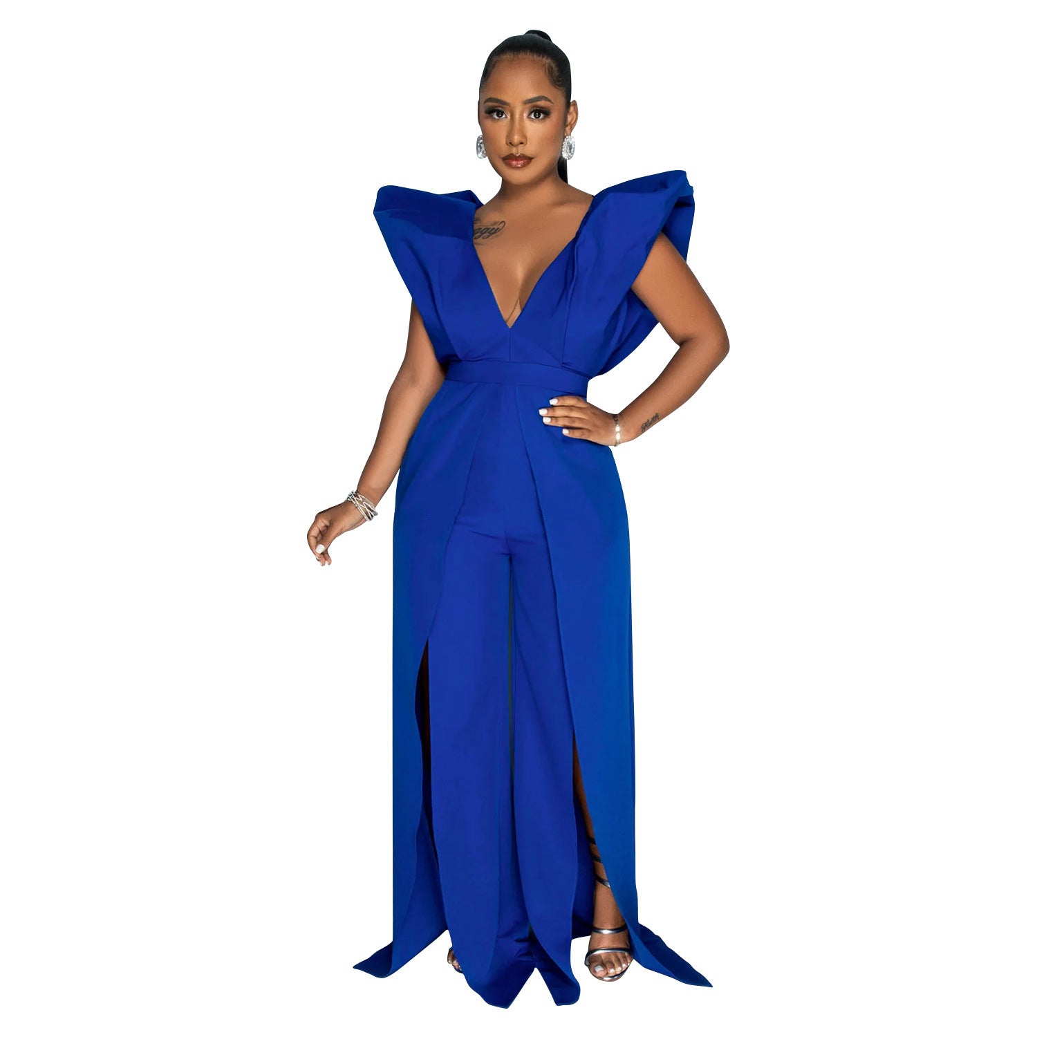 Women Solid Sexy V Neck Pleated Jumpsuit 9