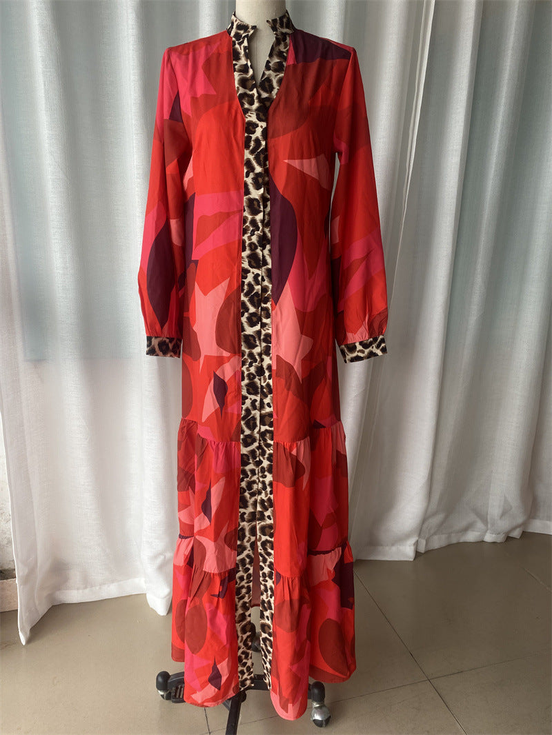 Women Autumn Printed Patchwork Button Casual Dress 11