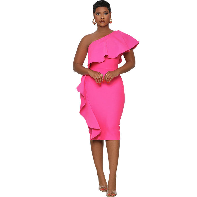 Women Summer Slanted Shoulder Ruffle Bodycon Dress 6