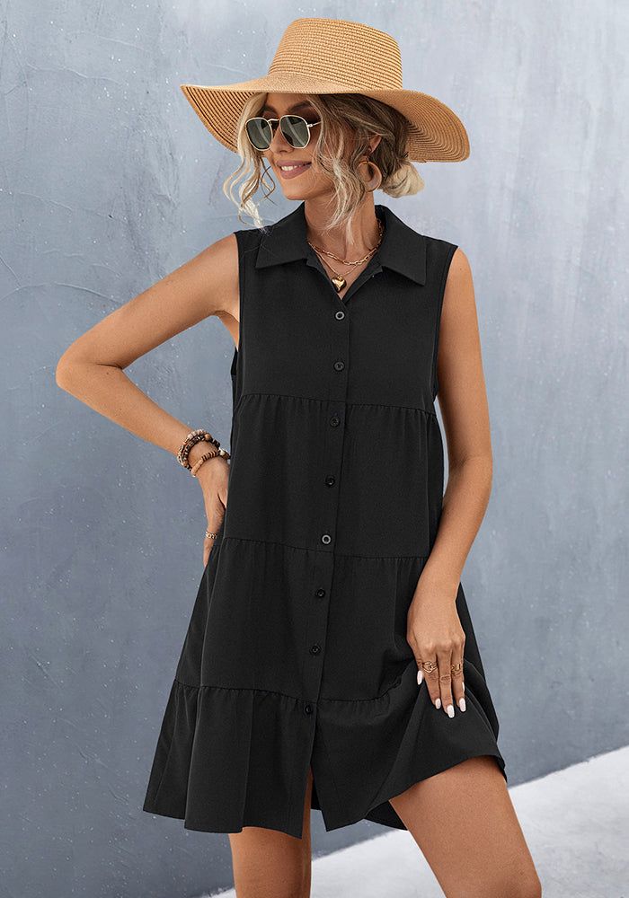 Women's Turndown Collar Patchwork Sleeveless Solid Color Dress