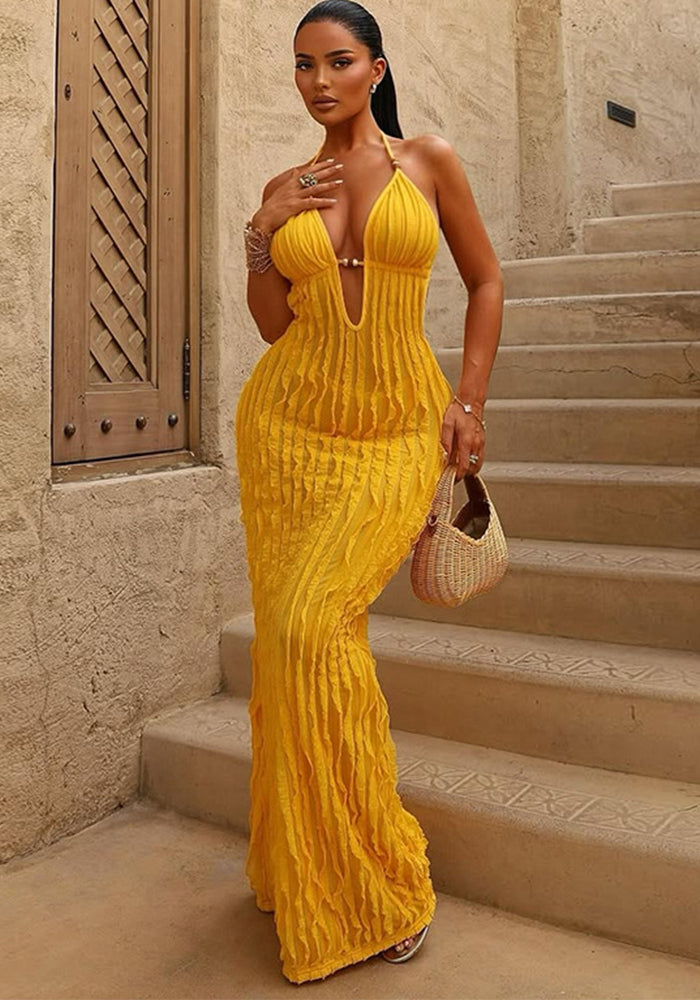 Women Summer Sexy Halter Neck Pleated V Neck Backless Lace-Up Dress