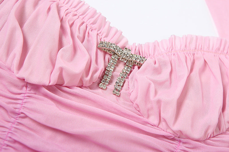 Summer Women's Mesh Patchwork Sexy Color-block Pleated Bodycon Halter Neck Dress 14