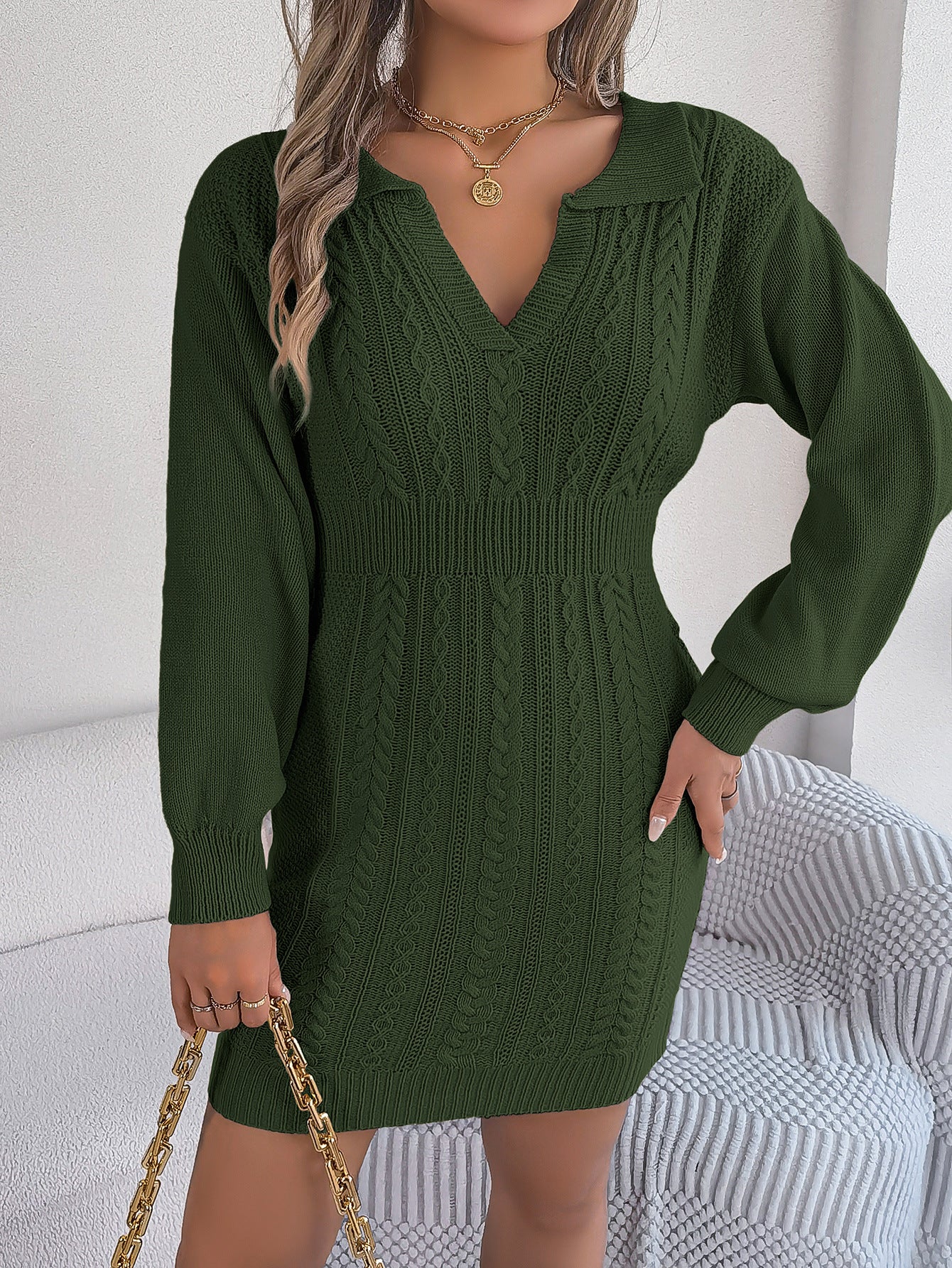 Women V-Neck Balloon Sleeve Bodycon Sweater Dress 6
