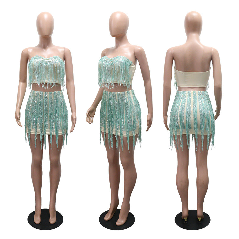 Strapless Top with Bodycon Skirt Fashion Fringe Two-Piece Women's Set 8