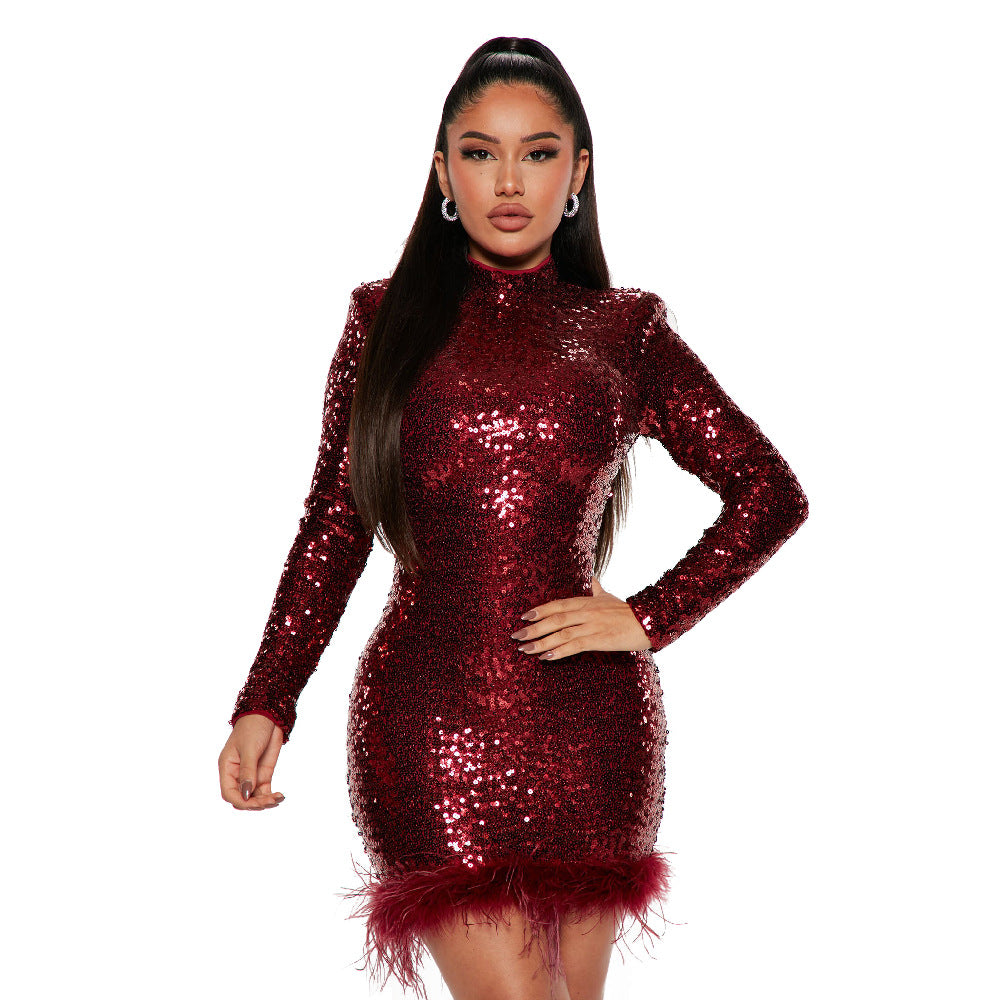 Fashion Bodycon Long Sleeve Round Neck Sequin Feather Party Dress 4