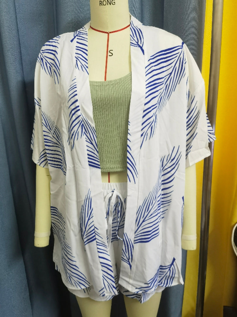 Spring Summer Women's Fashion Print Casual Holidays Cardigan Shorts Set 14