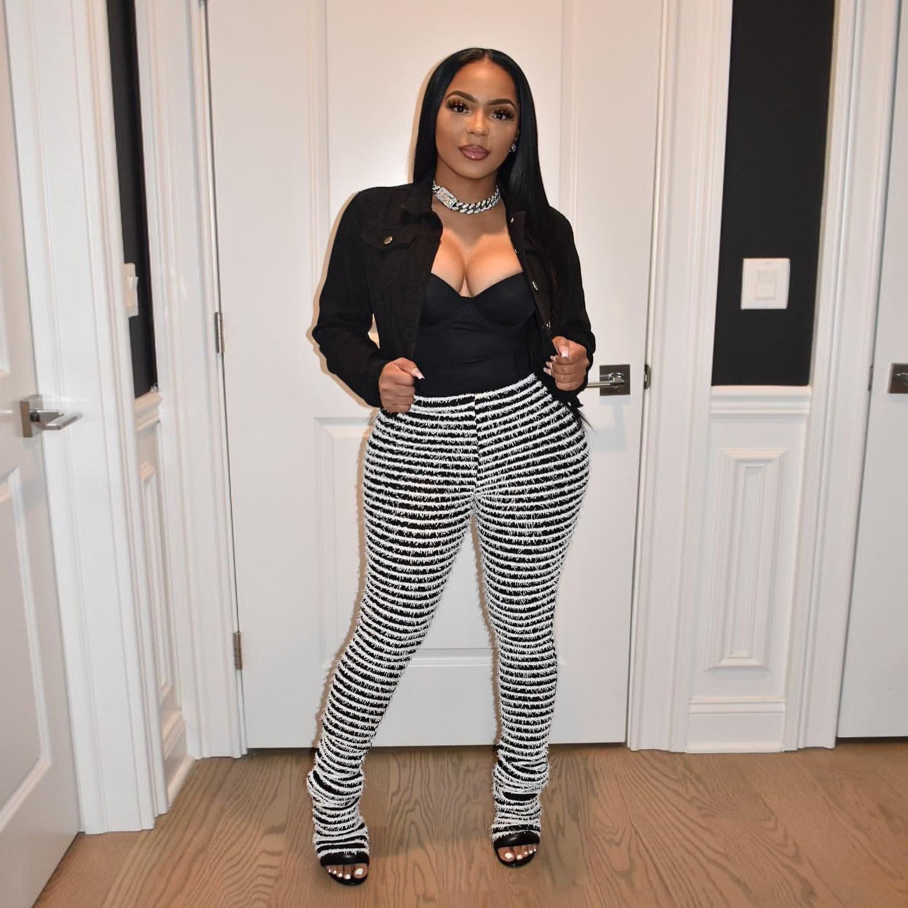 Plus Size WomenKnitting Stripe High Waist Trousers 5