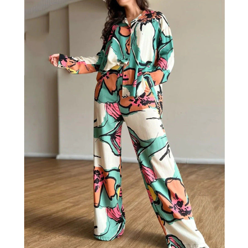 Chic Women's Plus Size Print Career Shirt High Waist Wide Leg Pants Two Piece Set 7