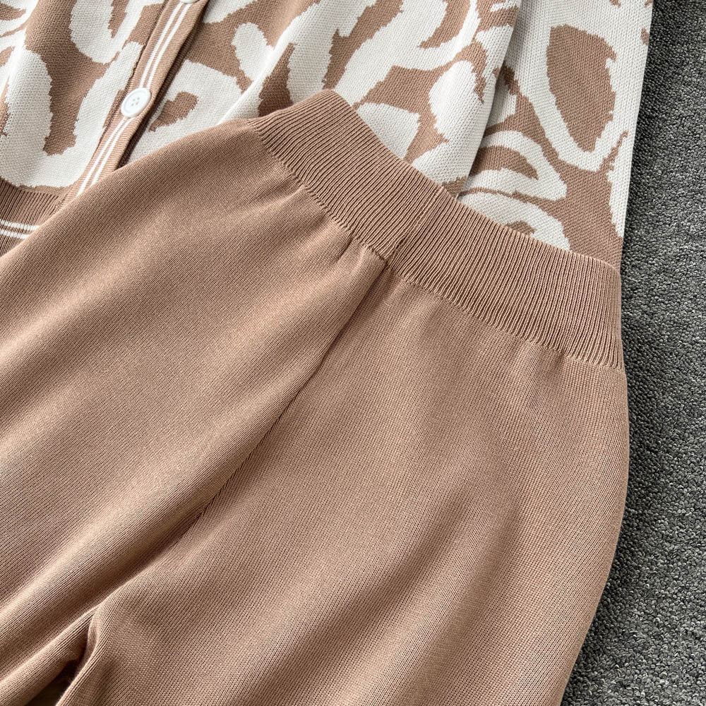 Women Autumn Printed Long Sleeve Knitting Top and Long Pants Two-piece Set 7