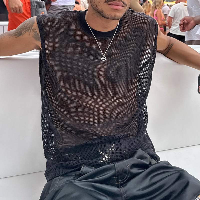 Summer Men's Sexy Mesh Round Neck Tank Loose Casual Sleeveless See-Through Vest 3