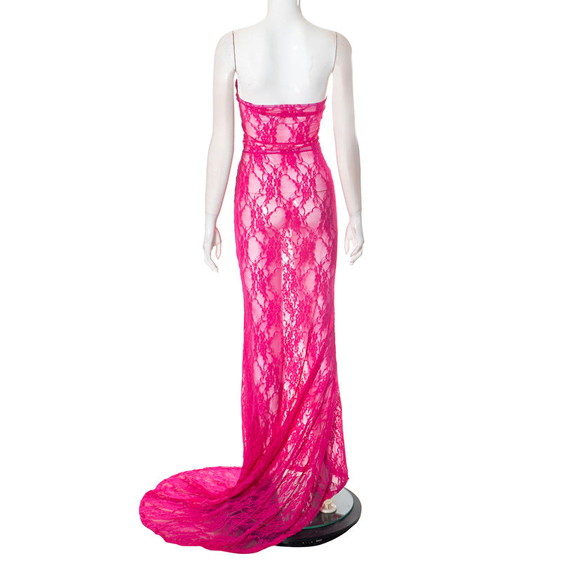 Women Mesh Lace-Up Strapless Dress 16