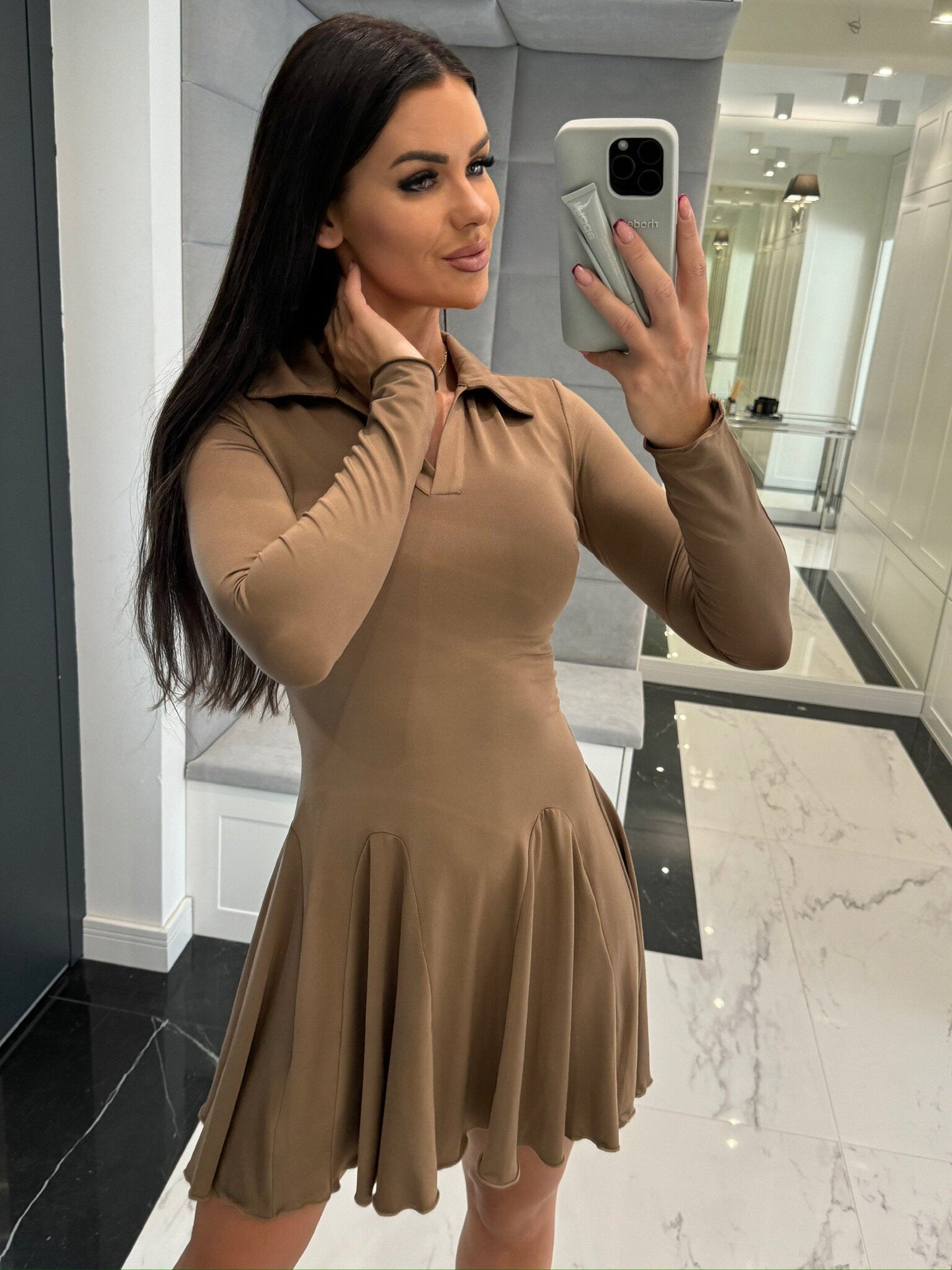 Women Fall Solid Long Sleeve Turndown Collar Ruffle Dress 3